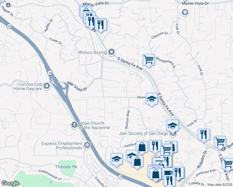 map of restaurants, bars, coffee shops, grocery stores, and more near 241 Hannalei Drive in Vista