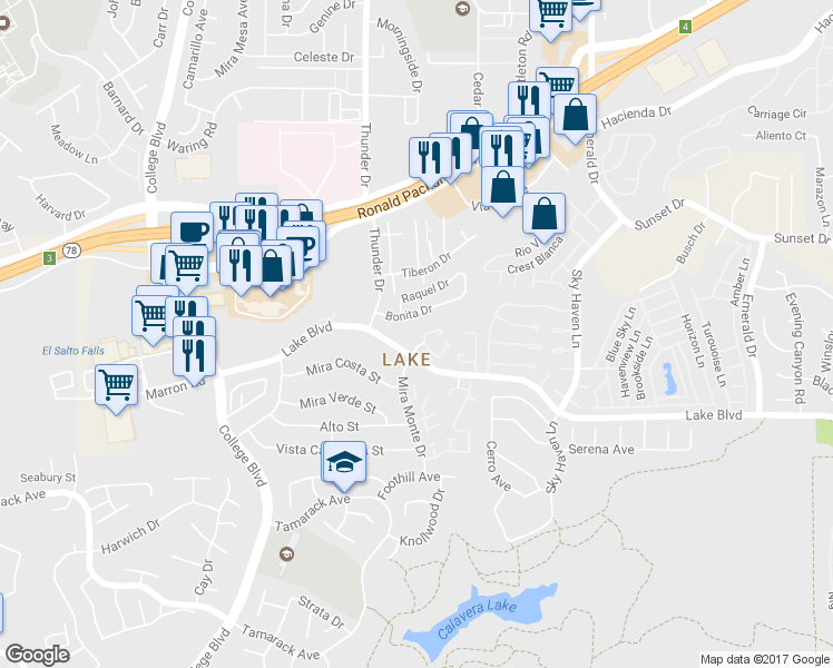 map of restaurants, bars, coffee shops, grocery stores, and more near 3551 Sandpiper Place in Oceanside