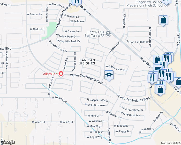 map of restaurants, bars, coffee shops, grocery stores, and more near 2892 West Mineral Butte Drive in Queen Creek