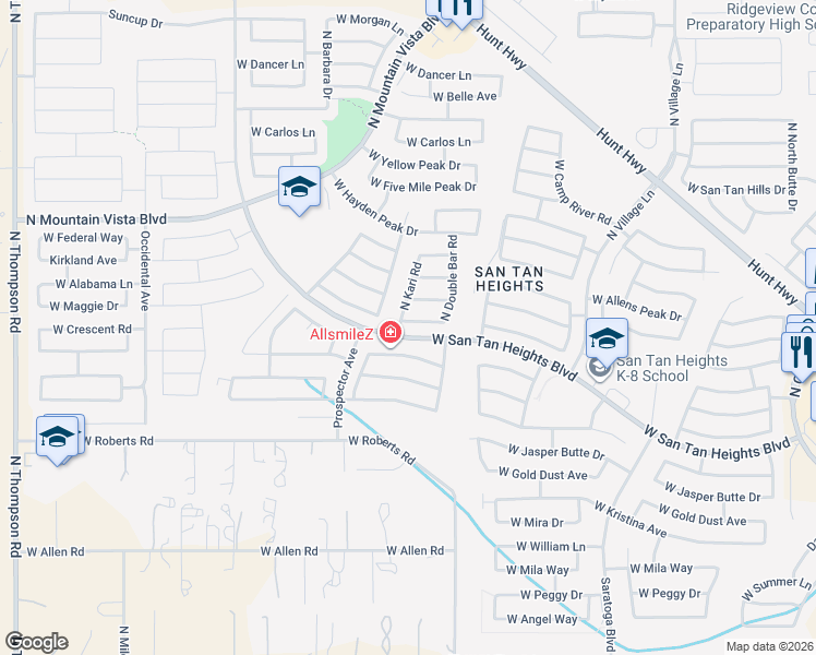 map of restaurants, bars, coffee shops, grocery stores, and more near 3299 West Mineral Butte Drive in Queen Creek