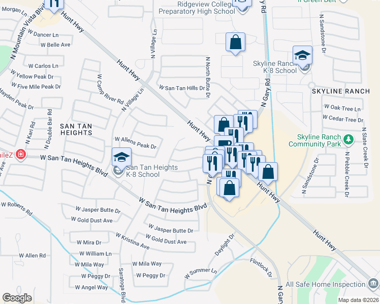 map of restaurants, bars, coffee shops, grocery stores, and more near 2037 West Hayden Peak Drive in Queen Creek