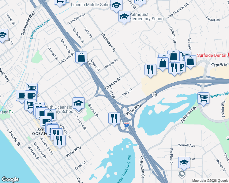 map of restaurants, bars, coffee shops, grocery stores, and more near 1510 Krim Place in Oceanside