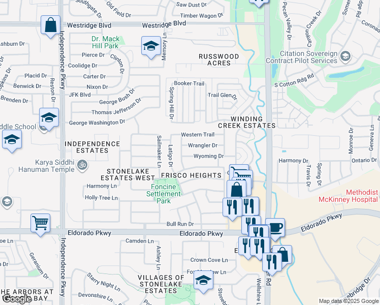 map of restaurants, bars, coffee shops, grocery stores, and more near 15556 Wyoming Drive in Frisco