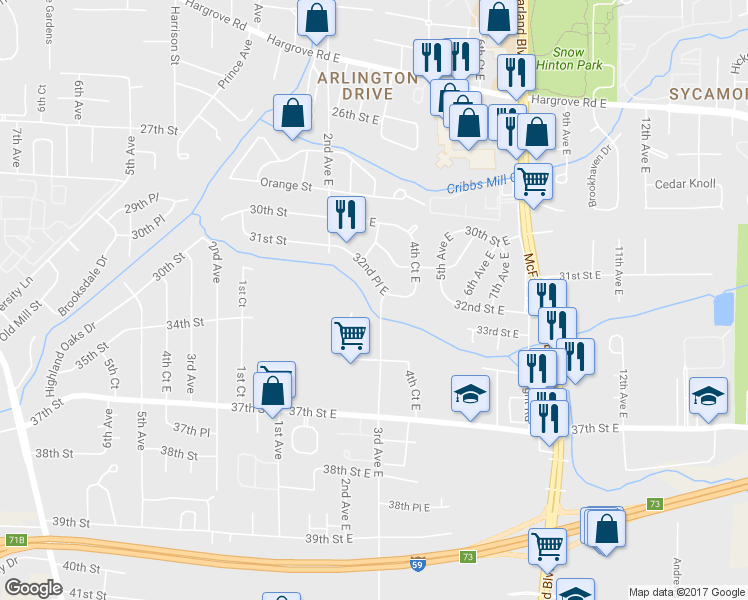 map of restaurants, bars, coffee shops, grocery stores, and more near 319 32nd Pl E in Tuscaloosa