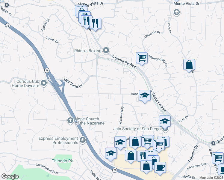 map of restaurants, bars, coffee shops, grocery stores, and more near 241 Hannalei Drive in Vista