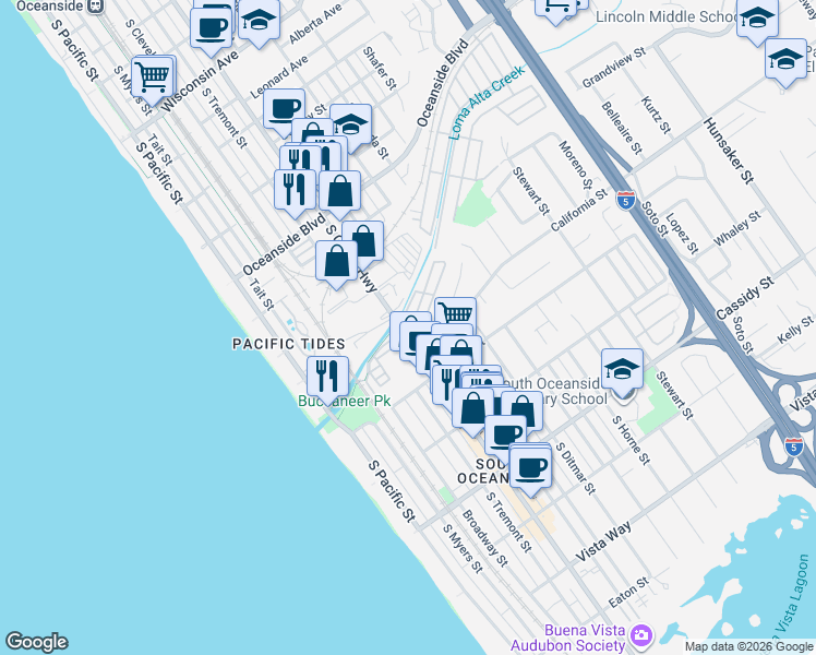 map of restaurants, bars, coffee shops, grocery stores, and more near 218 Kristy Lane in Oceanside