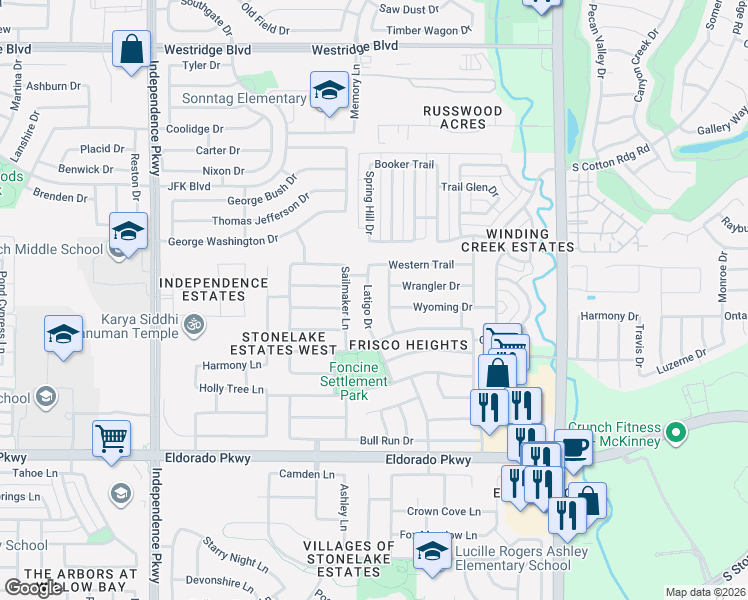 map of restaurants, bars, coffee shops, grocery stores, and more near 12324 Latigo Drive in Frisco