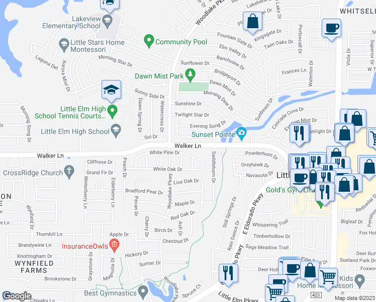 map of restaurants, bars, coffee shops, grocery stores, and more near 2333 White Pine Drive in Little Elm