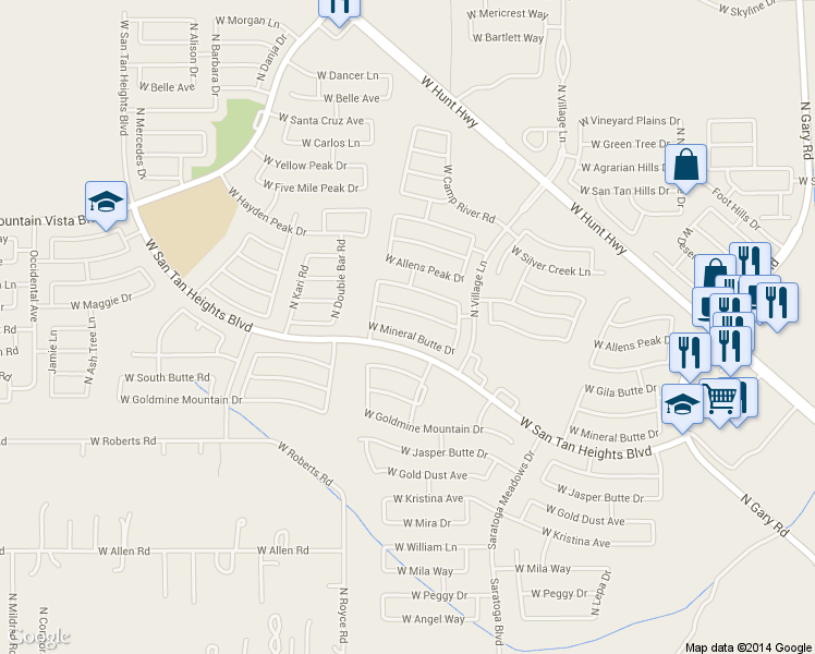 map of restaurants, bars, coffee shops, grocery stores, and more near 2892 West Mineral Butte Drive in Queen Creek