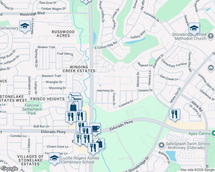 map of restaurants, bars, coffee shops, grocery stores, and more near 8801 Abbington Place in McKinney