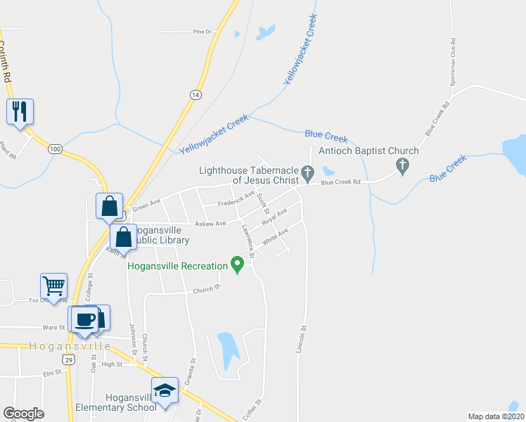 map of restaurants, bars, coffee shops, grocery stores, and more near 611 Askew Avenue in Hogansville