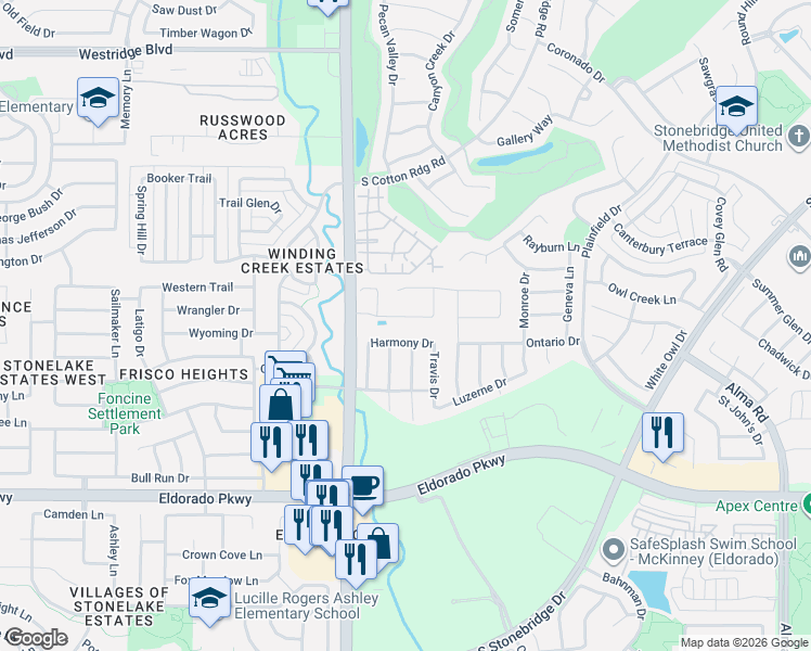 map of restaurants, bars, coffee shops, grocery stores, and more near 8801 Abbington Place in McKinney