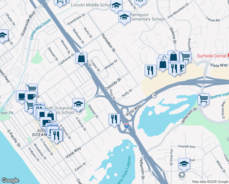 map of restaurants, bars, coffee shops, grocery stores, and more near 1510 Krim Place in Oceanside