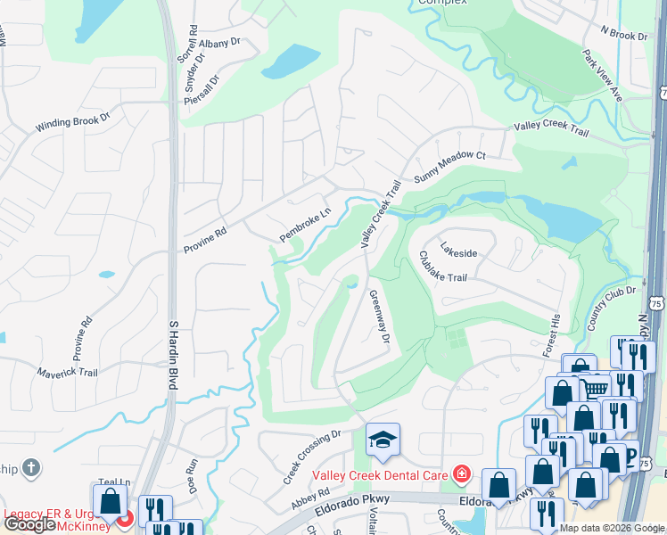 map of restaurants, bars, coffee shops, grocery stores, and more near 2712 Brookside Lane in McKinney