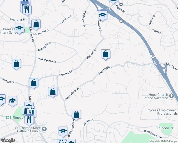 map of restaurants, bars, coffee shops, grocery stores, and more near 1061 Via Carina in Vista