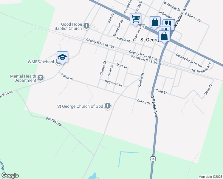 map of restaurants, bars, coffee shops, grocery stores, and more near 182 Sara Street in Saint George