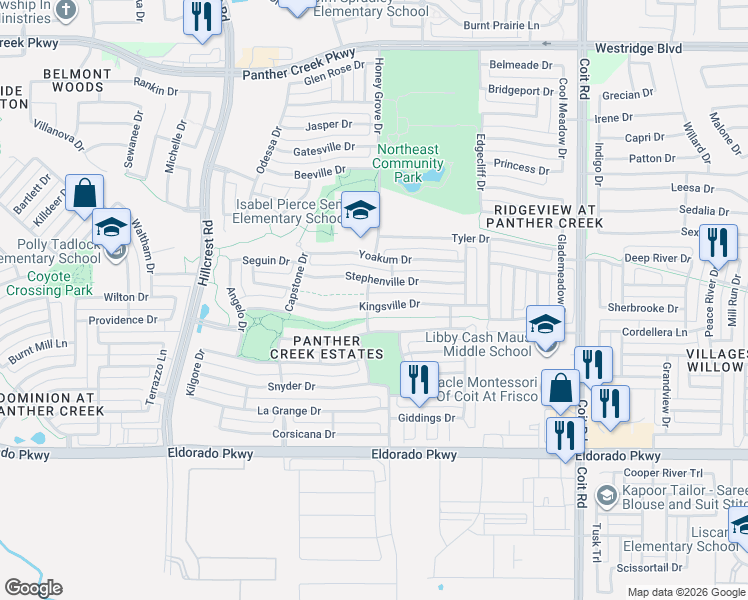 map of restaurants, bars, coffee shops, grocery stores, and more near 11708 Kingsville Drive in Frisco