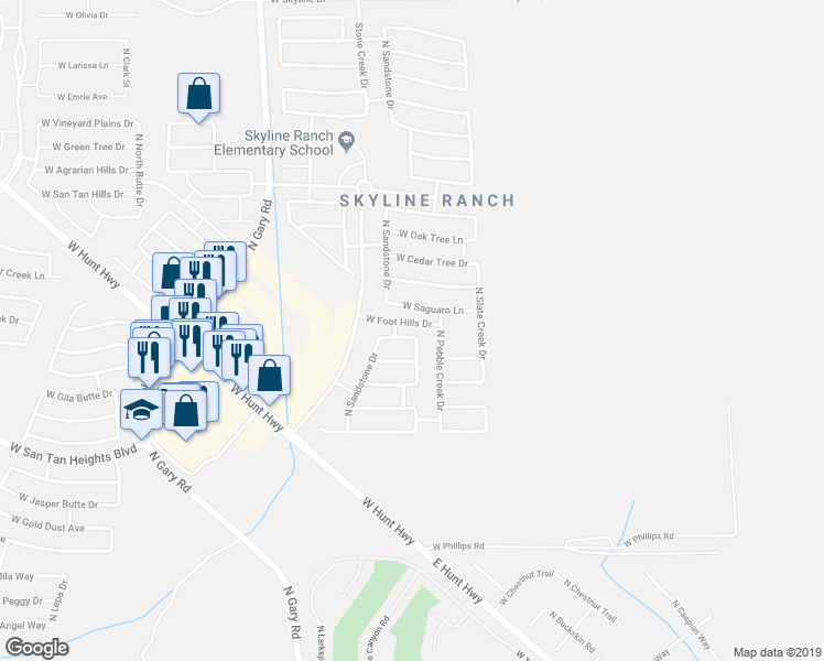map of restaurants, bars, coffee shops, grocery stores, and more near 886 West Desert Sky Drive in Queen Creek