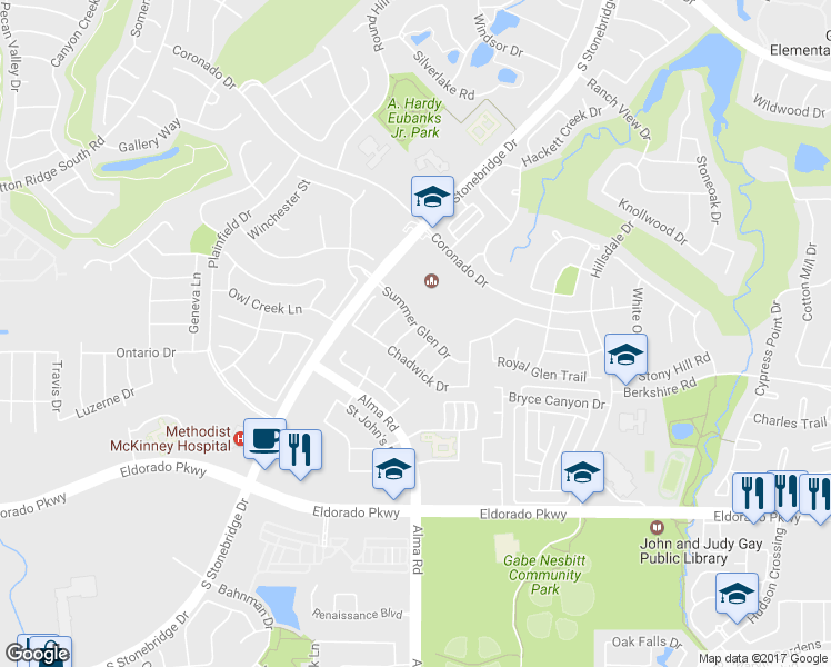 map of restaurants, bars, coffee shops, grocery stores, and more near 2301 Silverstone Lane in McKinney