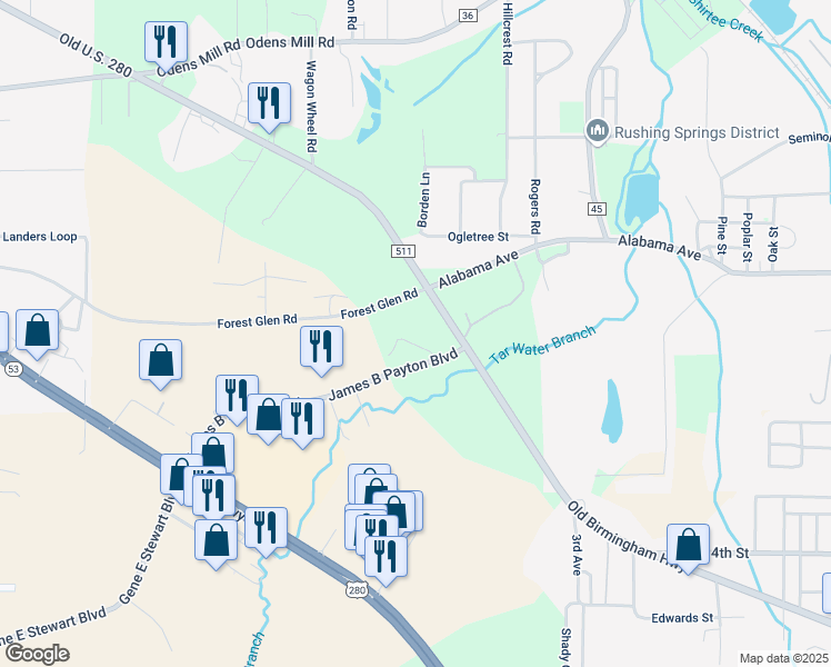 map of restaurants, bars, coffee shops, grocery stores, and more near 114 Landing Way in Sylacauga