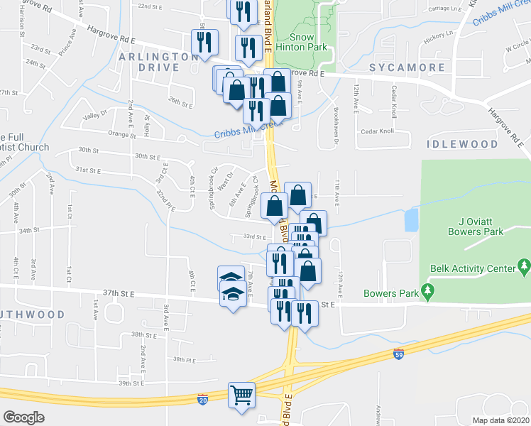 map of restaurants, bars, coffee shops, grocery stores, and more near 47 Springbrook in Tuscaloosa