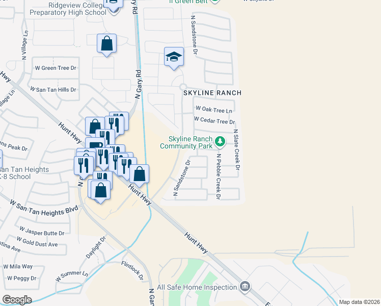 map of restaurants, bars, coffee shops, grocery stores, and more near 33128 North Sandstone Drive in Queen Creek