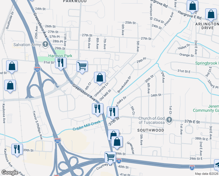 map of restaurants, bars, coffee shops, grocery stores, and more near 913 University Lane in Tuscaloosa