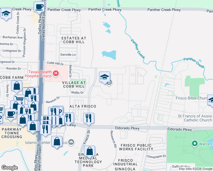 map of restaurants, bars, coffee shops, grocery stores, and more near 12300 Frisco Street in Frisco