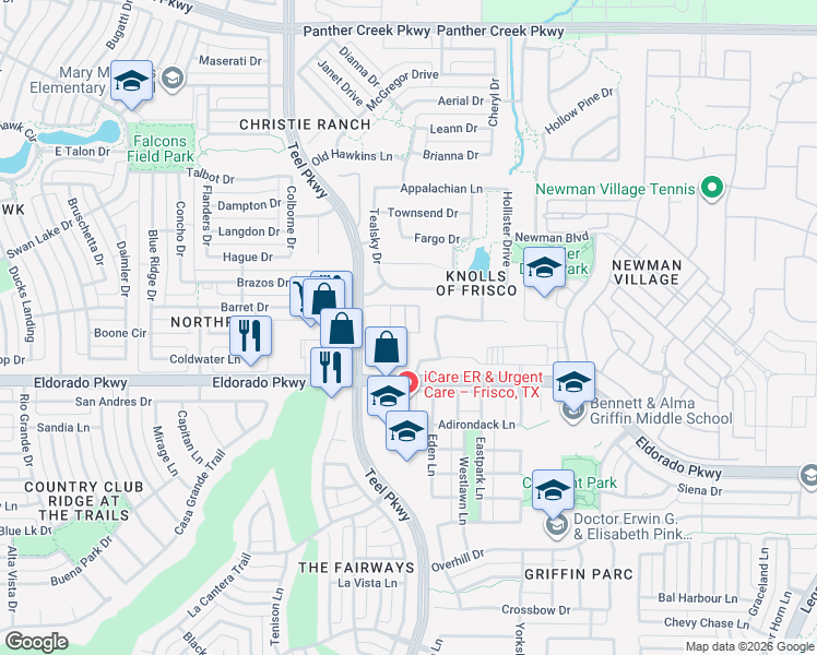 map of restaurants, bars, coffee shops, grocery stores, and more near 12293 Audrianna Drive in Frisco