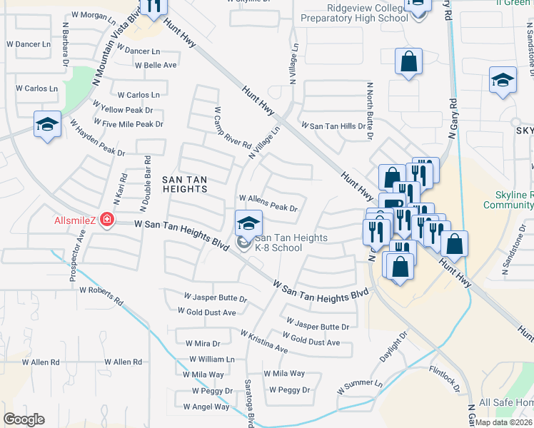 map of restaurants, bars, coffee shops, grocery stores, and more near 2478 West Tanner Ranch Road in San Tan Valley