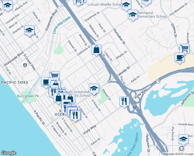 map of restaurants, bars, coffee shops, grocery stores, and more near 1719 Rue De La Mer in Oceanside