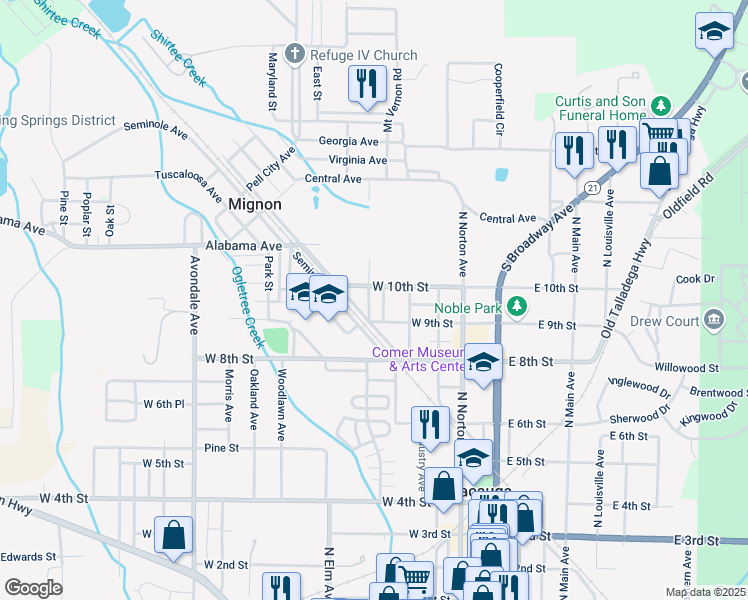 map of restaurants, bars, coffee shops, grocery stores, and more near 7 Main Saint Mignon in Sylacauga