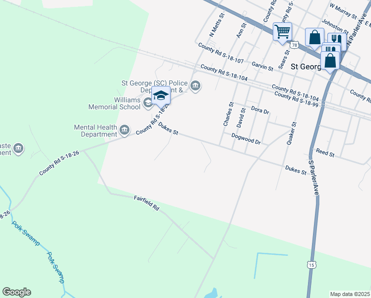 map of restaurants, bars, coffee shops, grocery stores, and more near 905 Dukes Street in Saint George