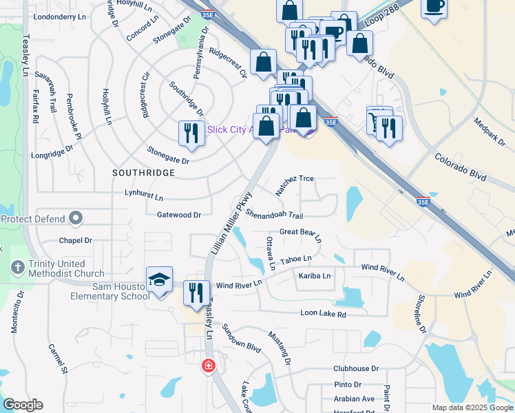 map of restaurants, bars, coffee shops, grocery stores, and more near 2641 Cumberland Court in Denton
