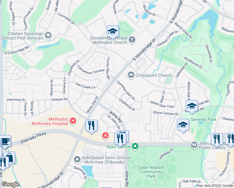 map of restaurants, bars, coffee shops, grocery stores, and more near 2409 Summerside Lane in McKinney