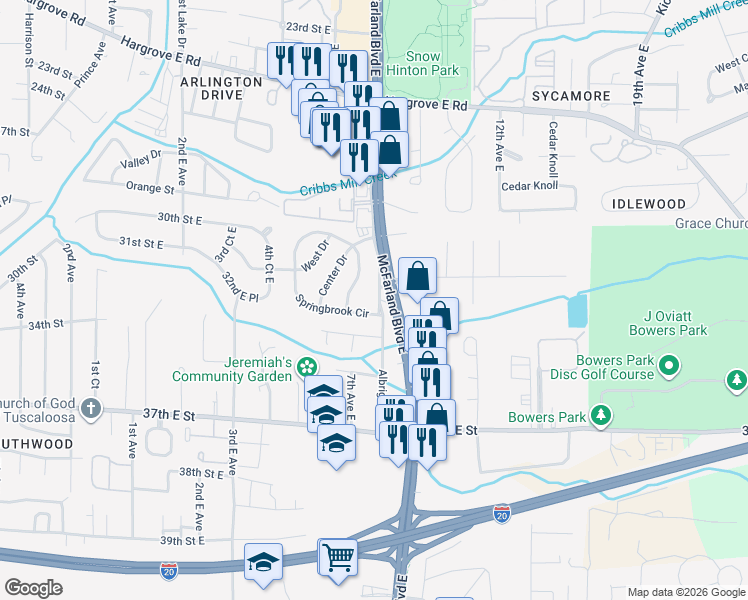 map of restaurants, bars, coffee shops, grocery stores, and more near 47 Springbrook Circle in Tuscaloosa