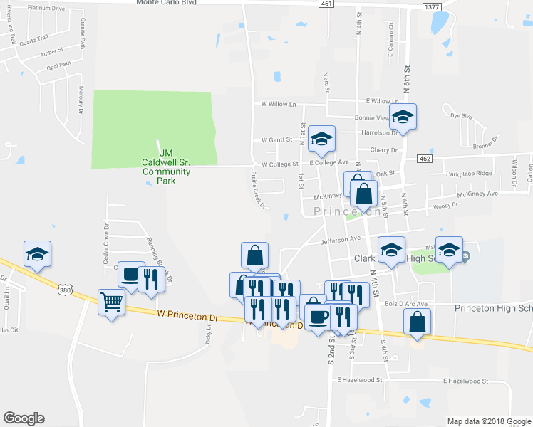 map of restaurants, bars, coffee shops, grocery stores, and more near 716 Prairie Creek Drive in Princeton
