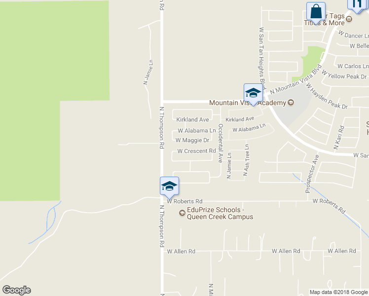map of restaurants, bars, coffee shops, grocery stores, and more near 4542 West Crescent Road in Queen Creek
