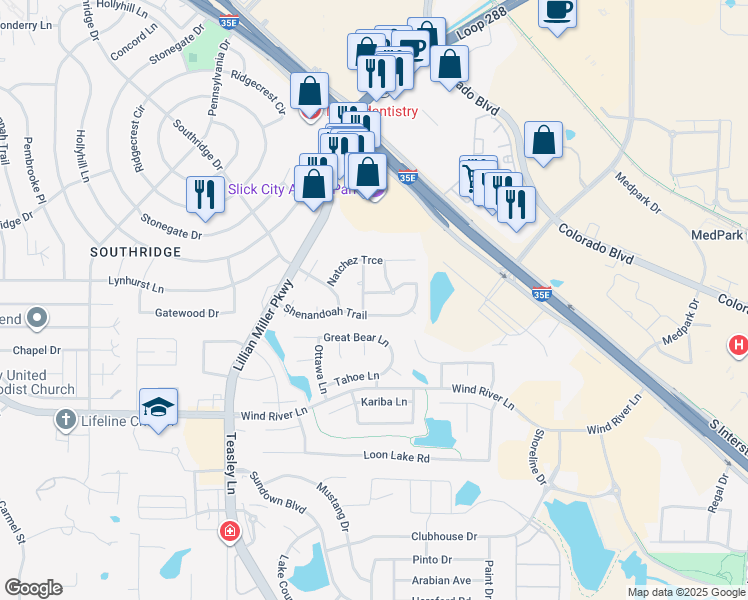 map of restaurants, bars, coffee shops, grocery stores, and more near 2404 Potomac Pkwy in Denton
