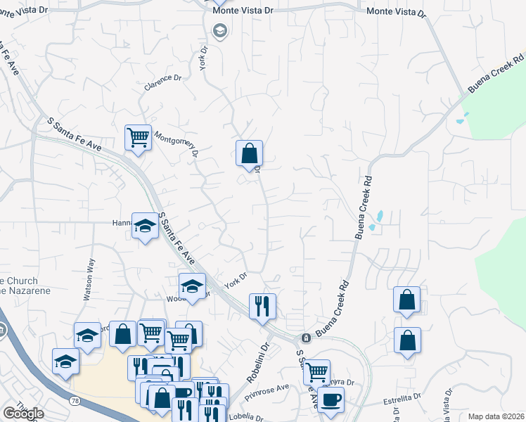 map of restaurants, bars, coffee shops, grocery stores, and more near 1631 York Drive in Vista