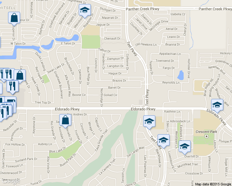 map of restaurants, bars, coffee shops, grocery stores, and more near 2274 Goliad Cir in Frisco