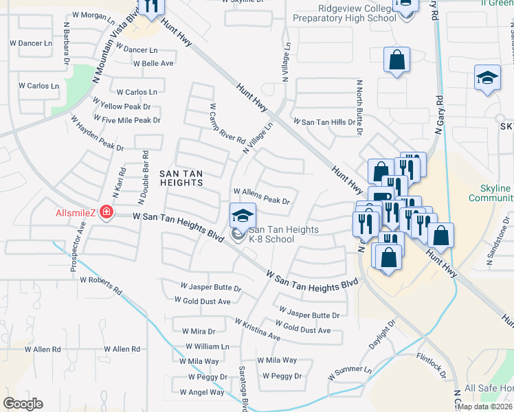 map of restaurants, bars, coffee shops, grocery stores, and more near 2478 West Tanner Ranch Road in San Tan Valley
