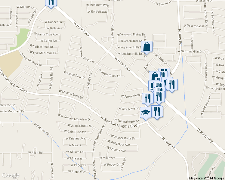 map of restaurants, bars, coffee shops, grocery stores, and more near 2321 West Allens Peak Drive in Queen Creek