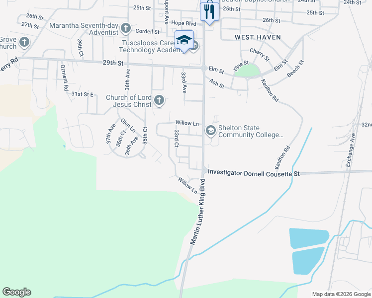 map of restaurants, bars, coffee shops, grocery stores, and more near 3305 Moody Street in Tuscaloosa