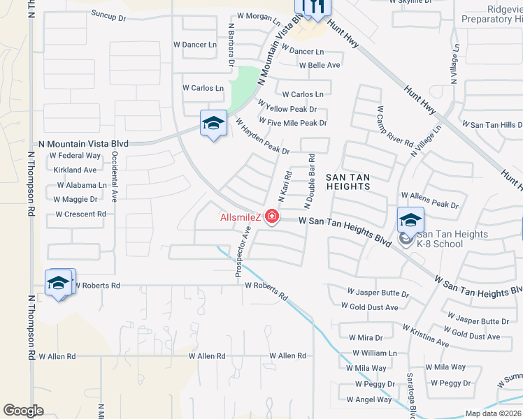 map of restaurants, bars, coffee shops, grocery stores, and more near 3399 West Mineral Butte Drive in Queen Creek