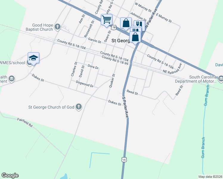 map of restaurants, bars, coffee shops, grocery stores, and more near 109 Quaker Street in Saint George