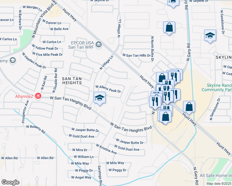 map of restaurants, bars, coffee shops, grocery stores, and more near 2321 West Allens Peak Drive in Queen Creek