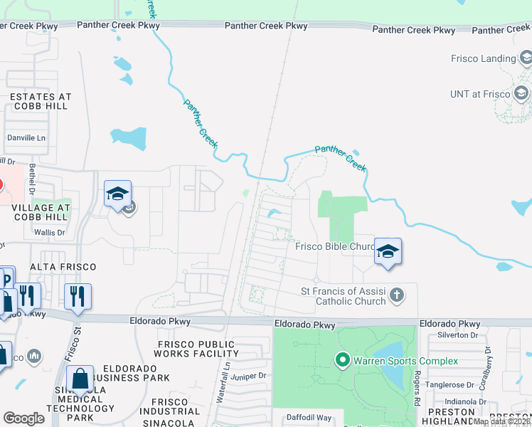 map of restaurants, bars, coffee shops, grocery stores, and more near 7287 Panicum Drive in Frisco