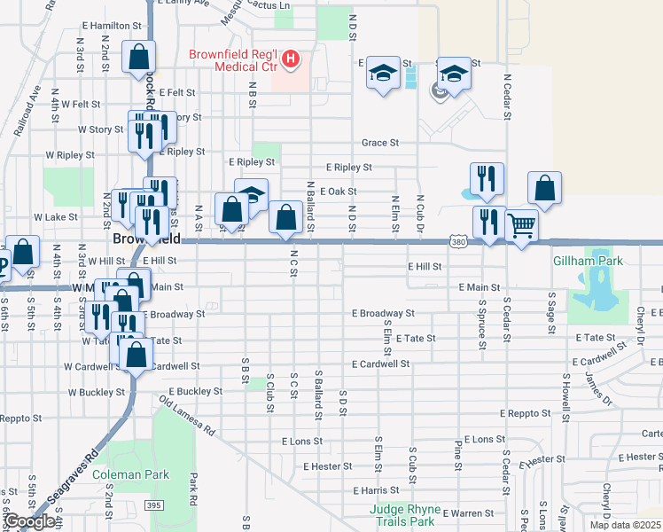 map of restaurants, bars, coffee shops, grocery stores, and more near 906 East Hill Street in Brownfield