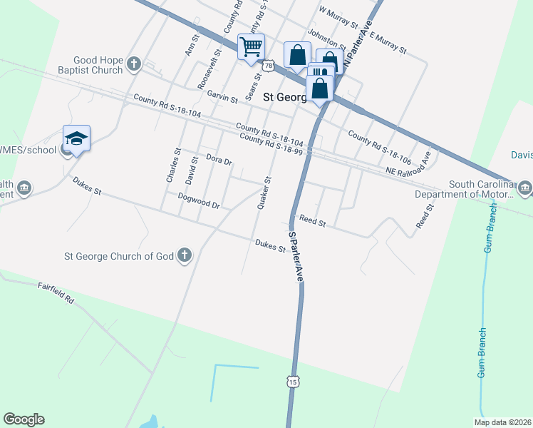 map of restaurants, bars, coffee shops, grocery stores, and more near 109 Quaker Street in Saint George